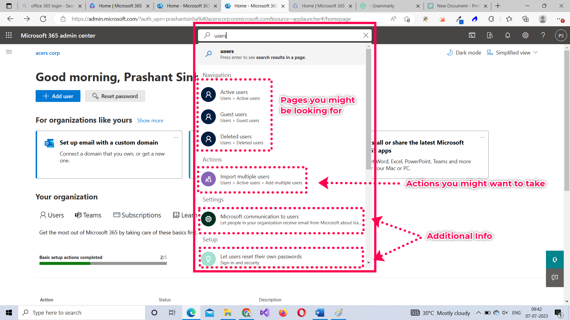 The search bar in the Microsoft 365 admin home page  