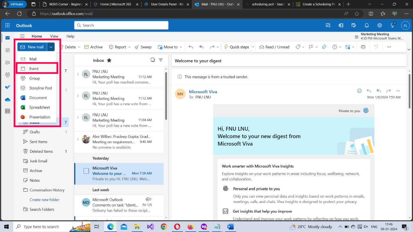 Image shows how to select Event option from the New mail dropdown for setting up a Microsoft 365 Outlook meeting. 