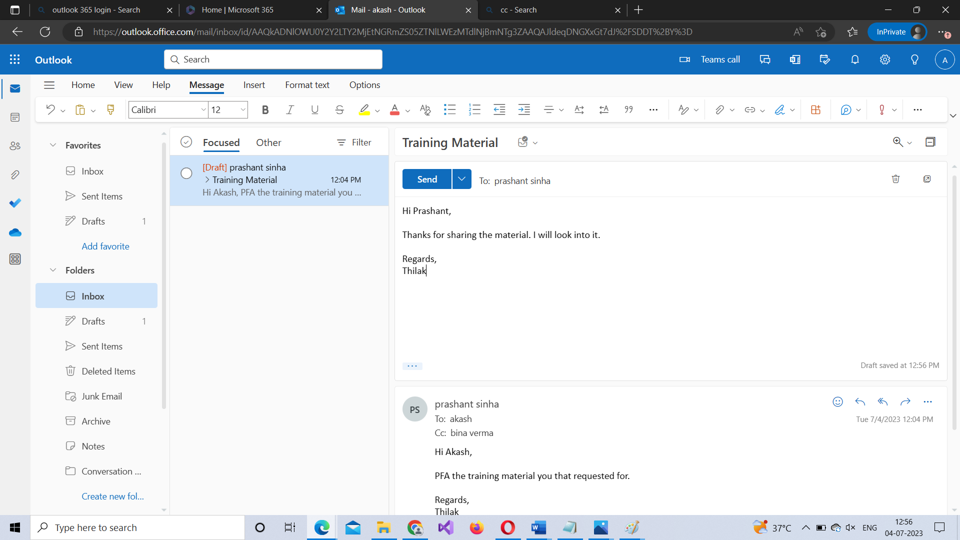 Composing reply in Microsoft 365 Outlook Web app   