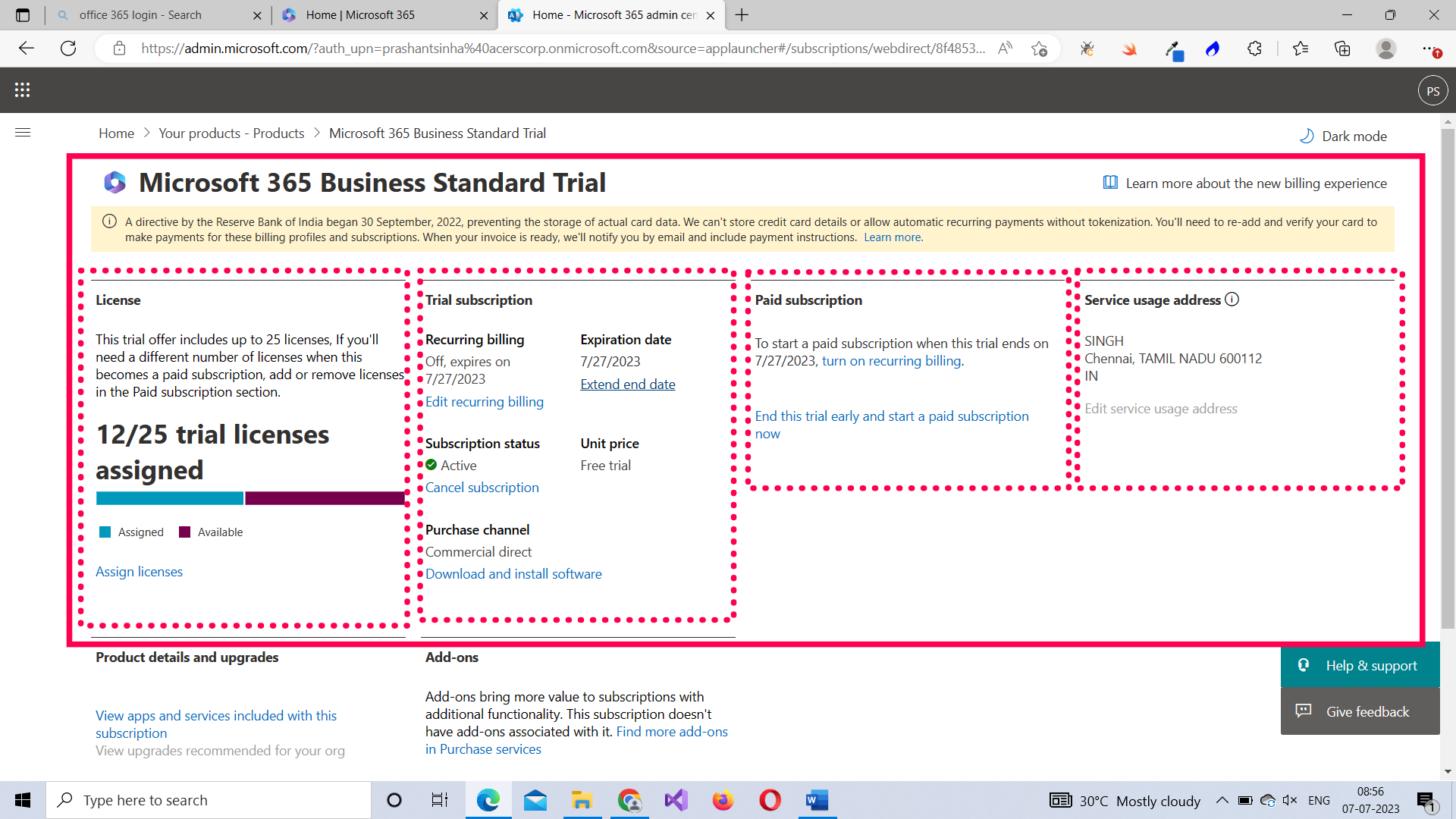 Microsoft 365 product subscription details 