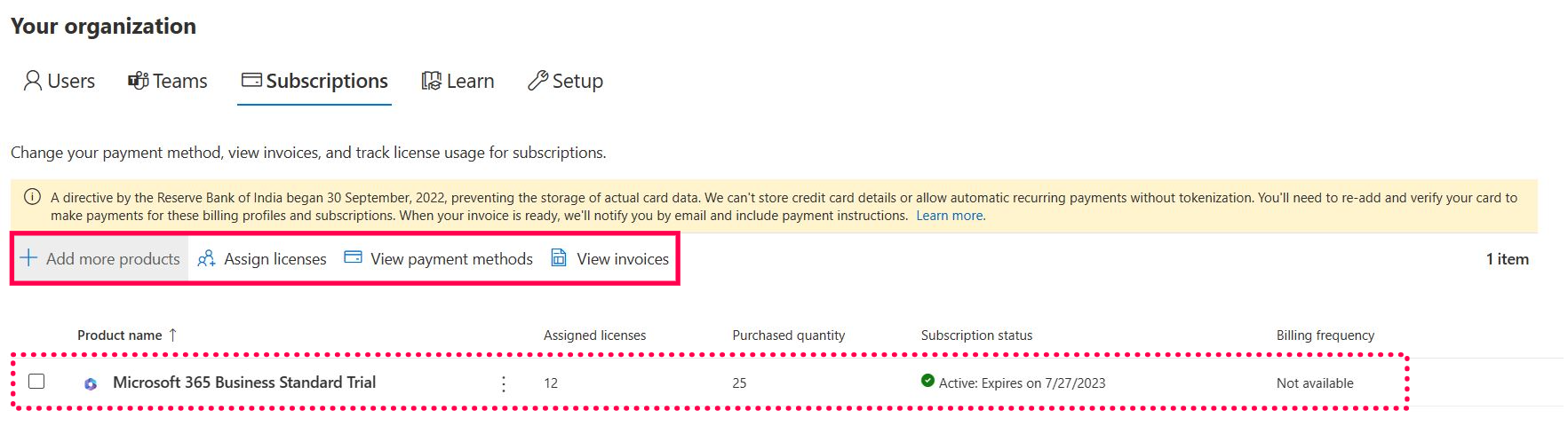 Subscriptions tab in the Microsoft 365 admin home page 