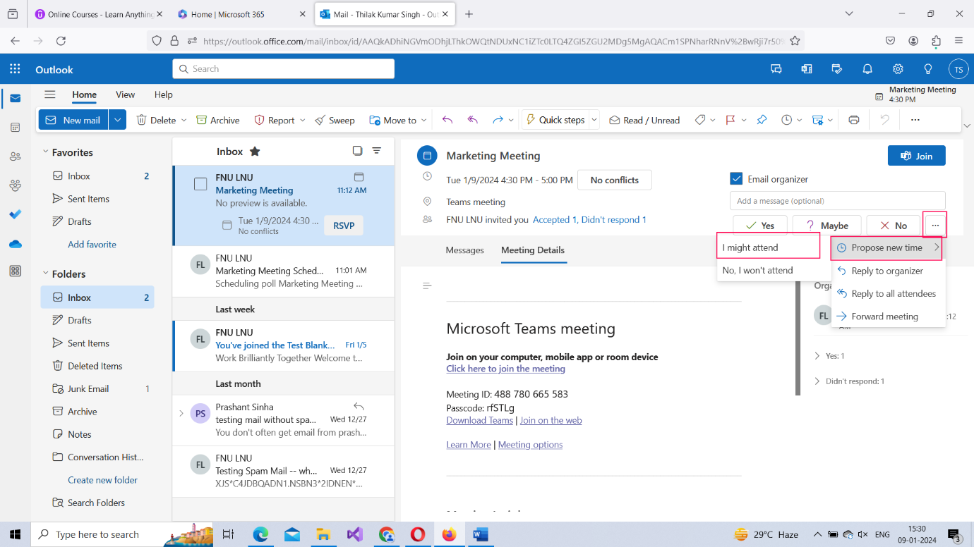 Image shows how invitees can propose a new time for the Microsoft 365 Outlook meeting by selecting Propose new time option  