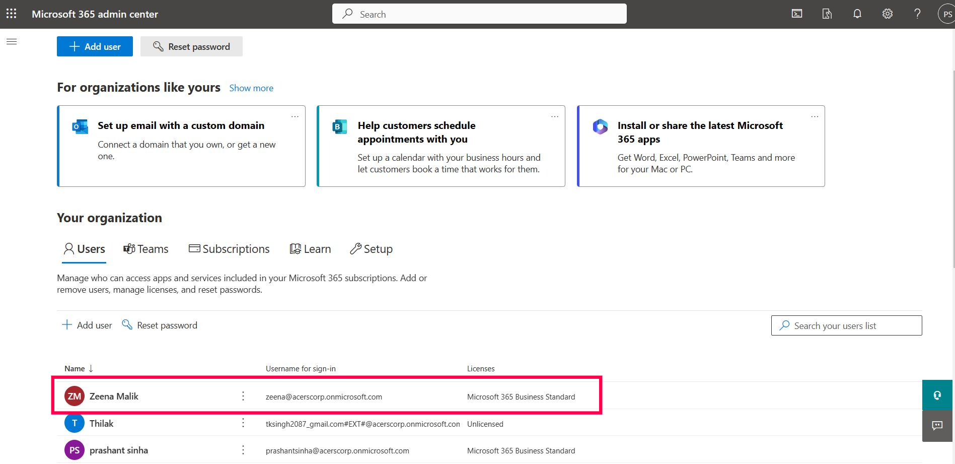 Microsoft 365 admin home page listing the newly added user   