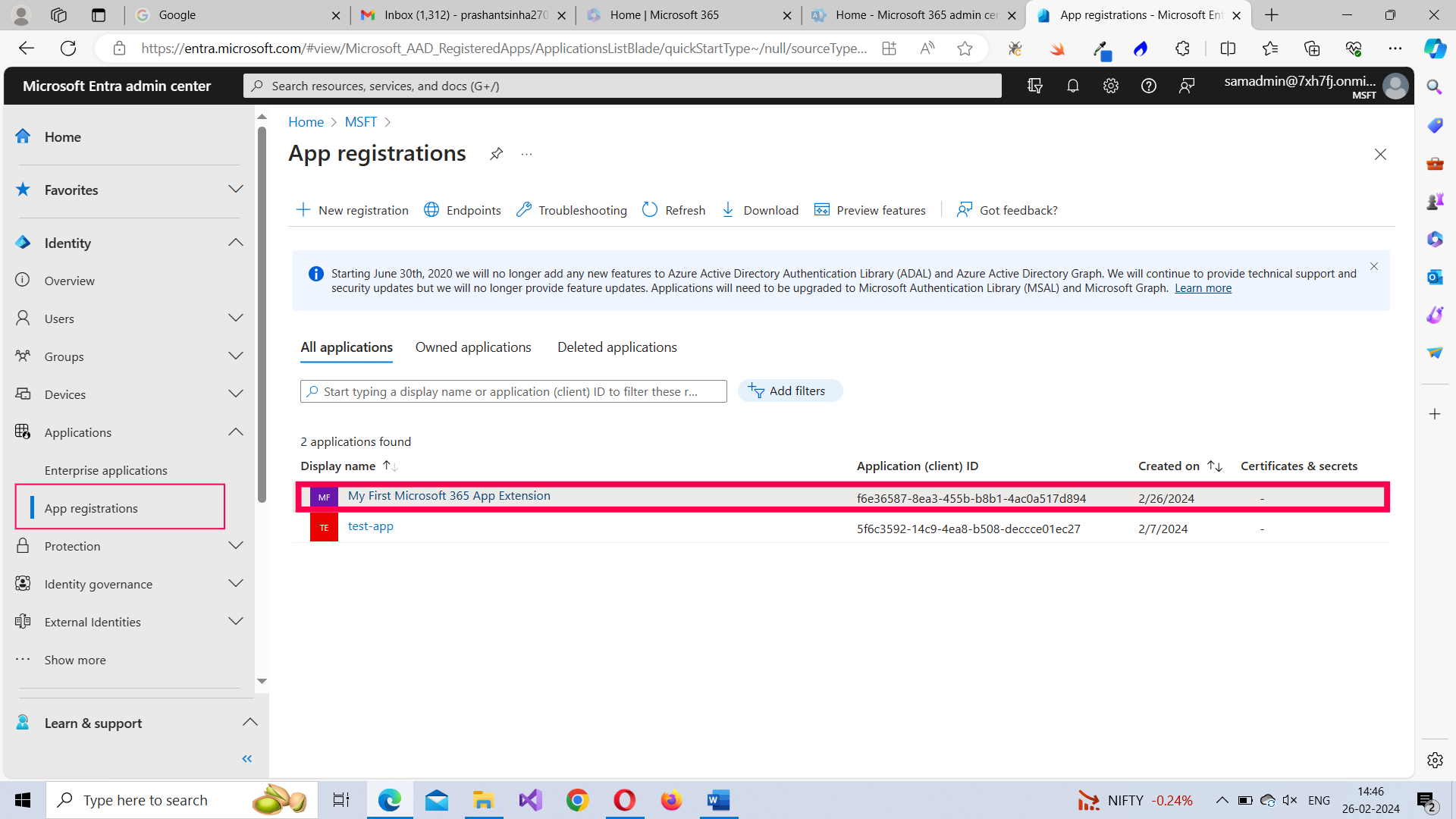 Microsoft Entra App Registrations page where all your Microsoft 365 API apps get listed. 