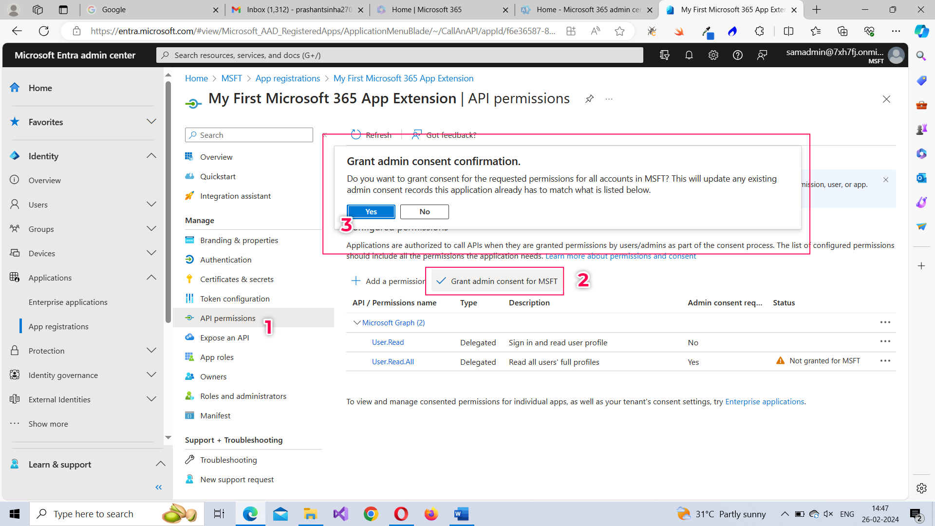 Steps involved in Microsoft 365 admin granting API permissions for an app. 