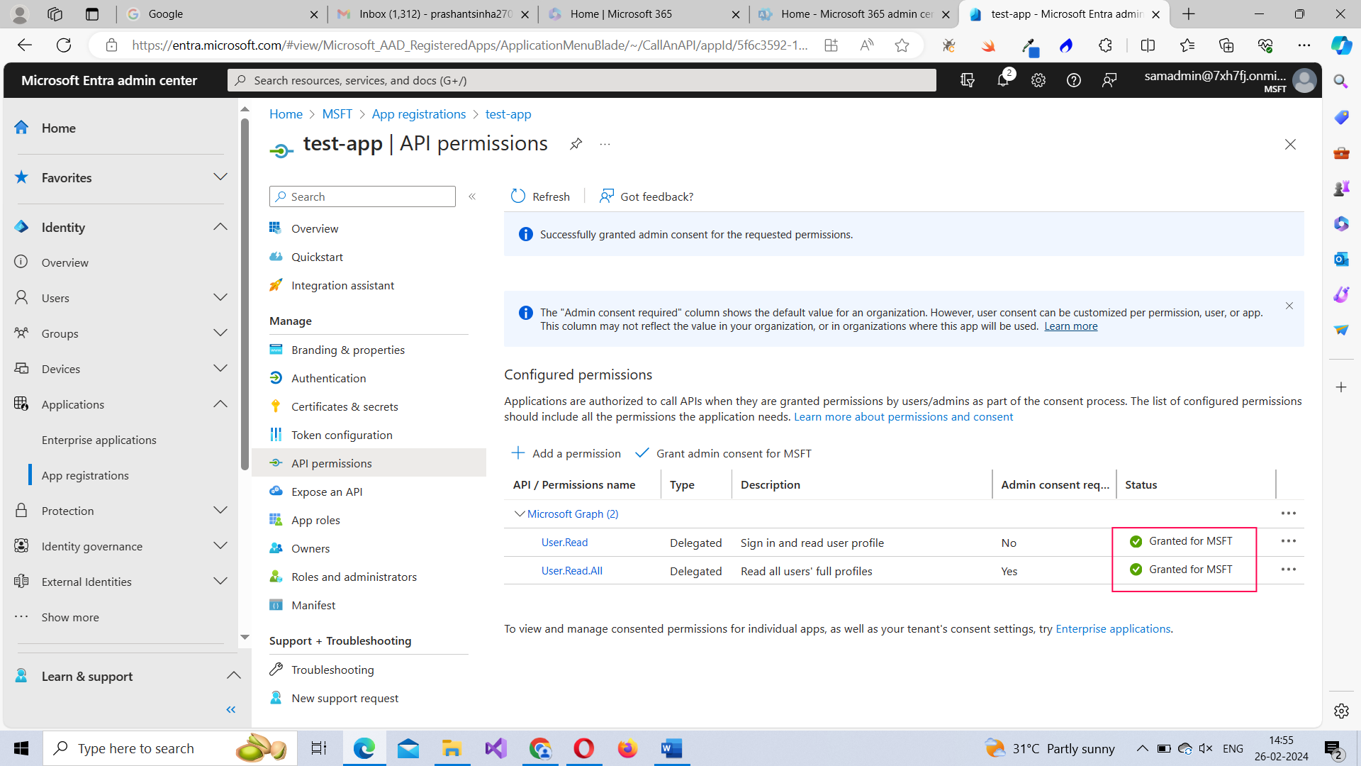Image highlights how the status of an api permission changes to granted when the admin grants access permission for the api.