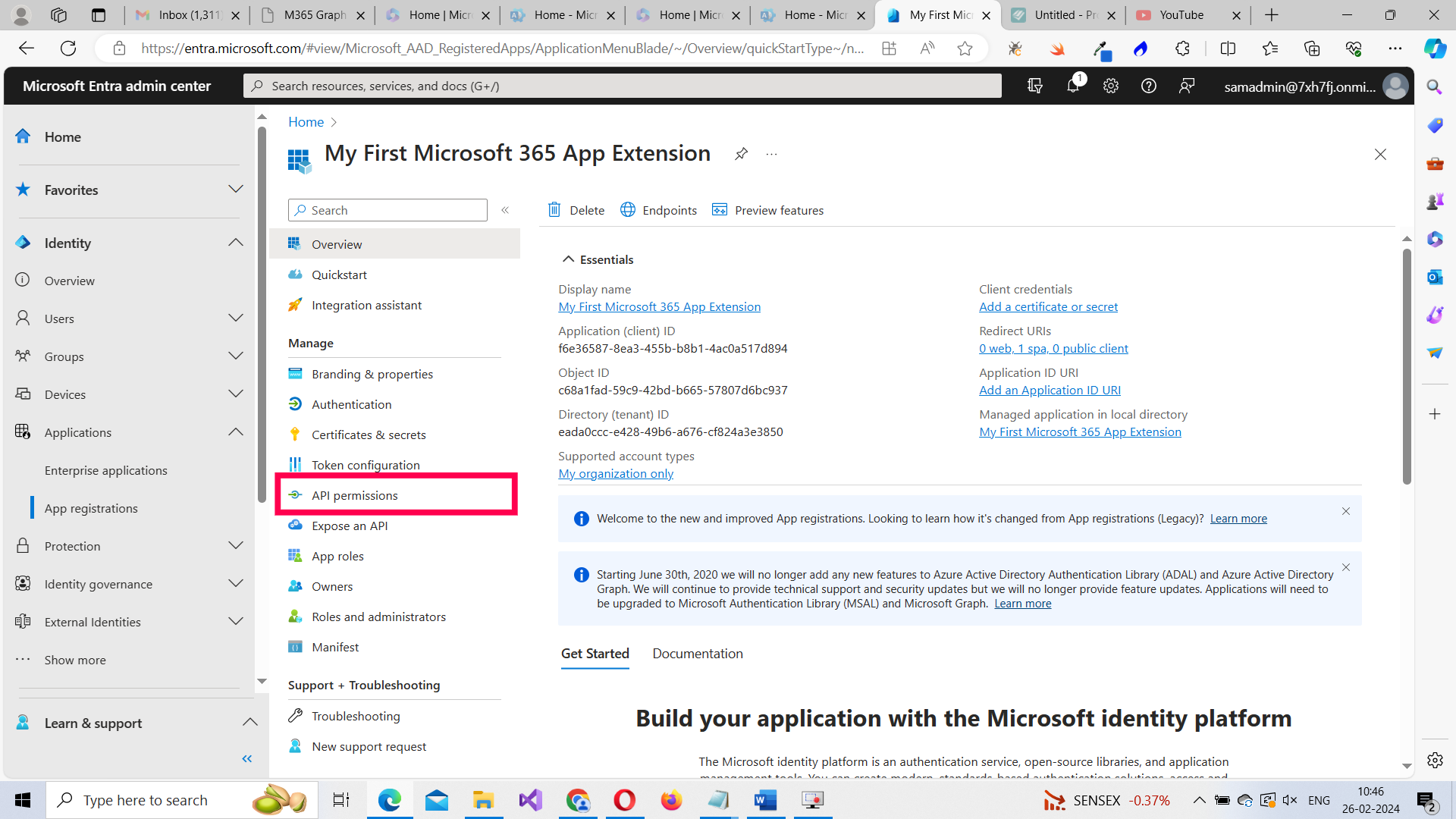 Image highlights the API permissions tab that helps you configure the API permissions for the app. 