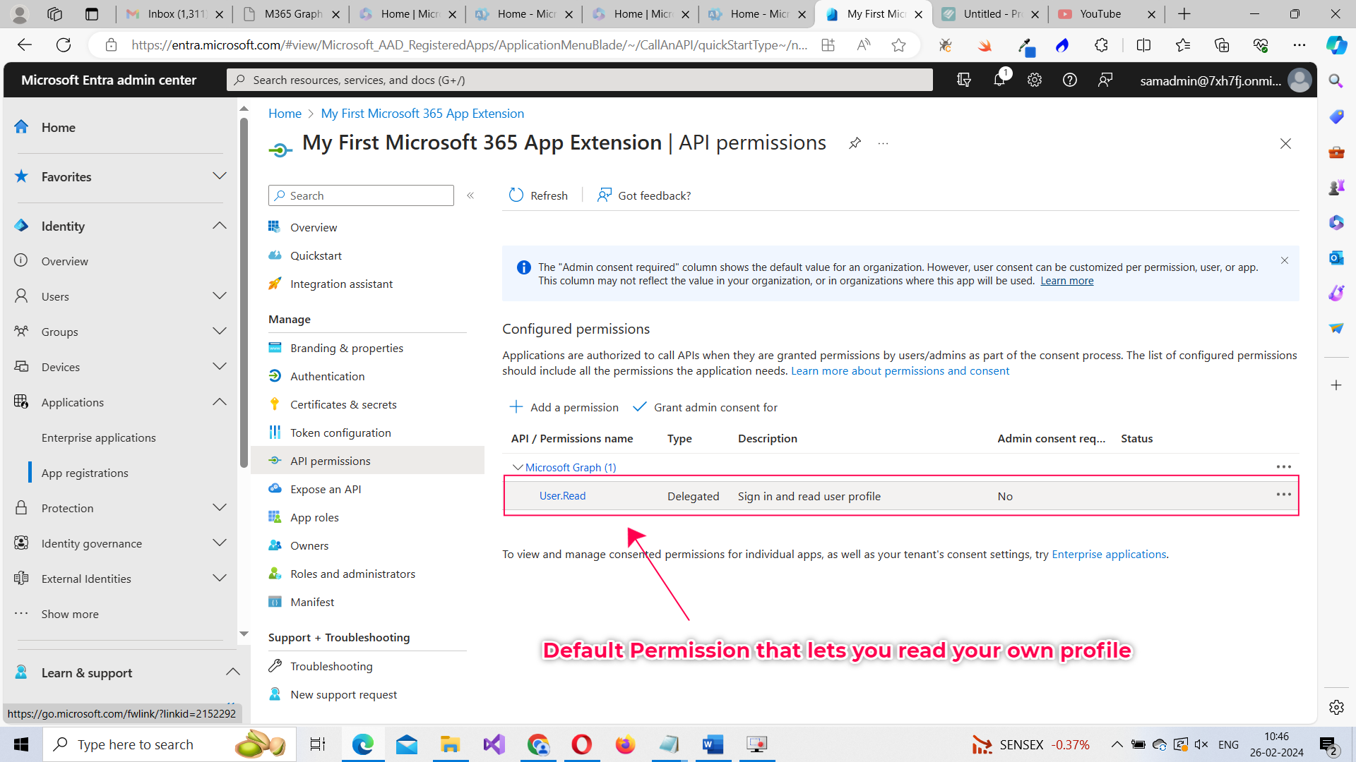 Default app permission available for all registered apps being displayed. 