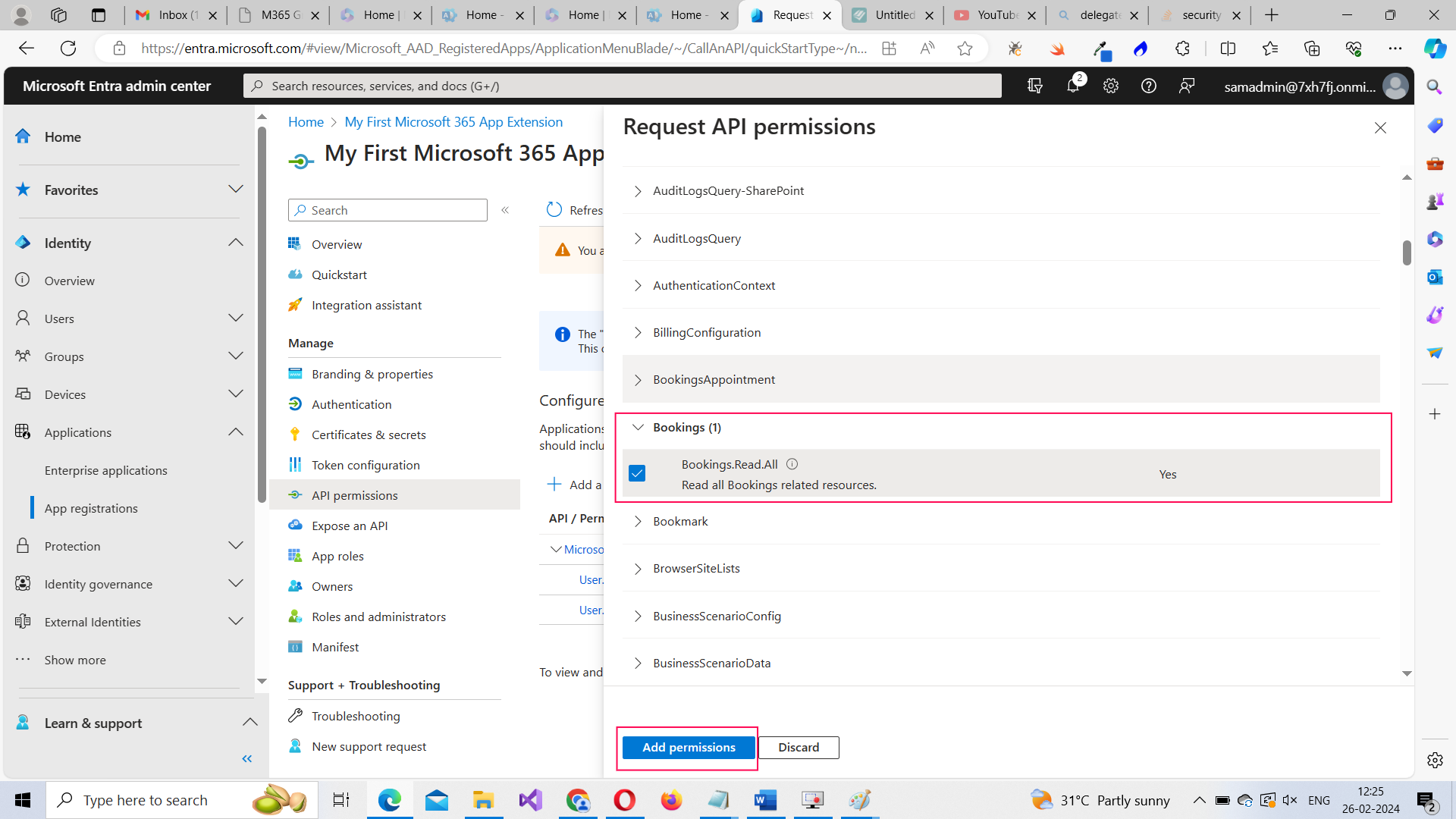 Image shows how you can add the Bookings.Read.All permission to your app. 