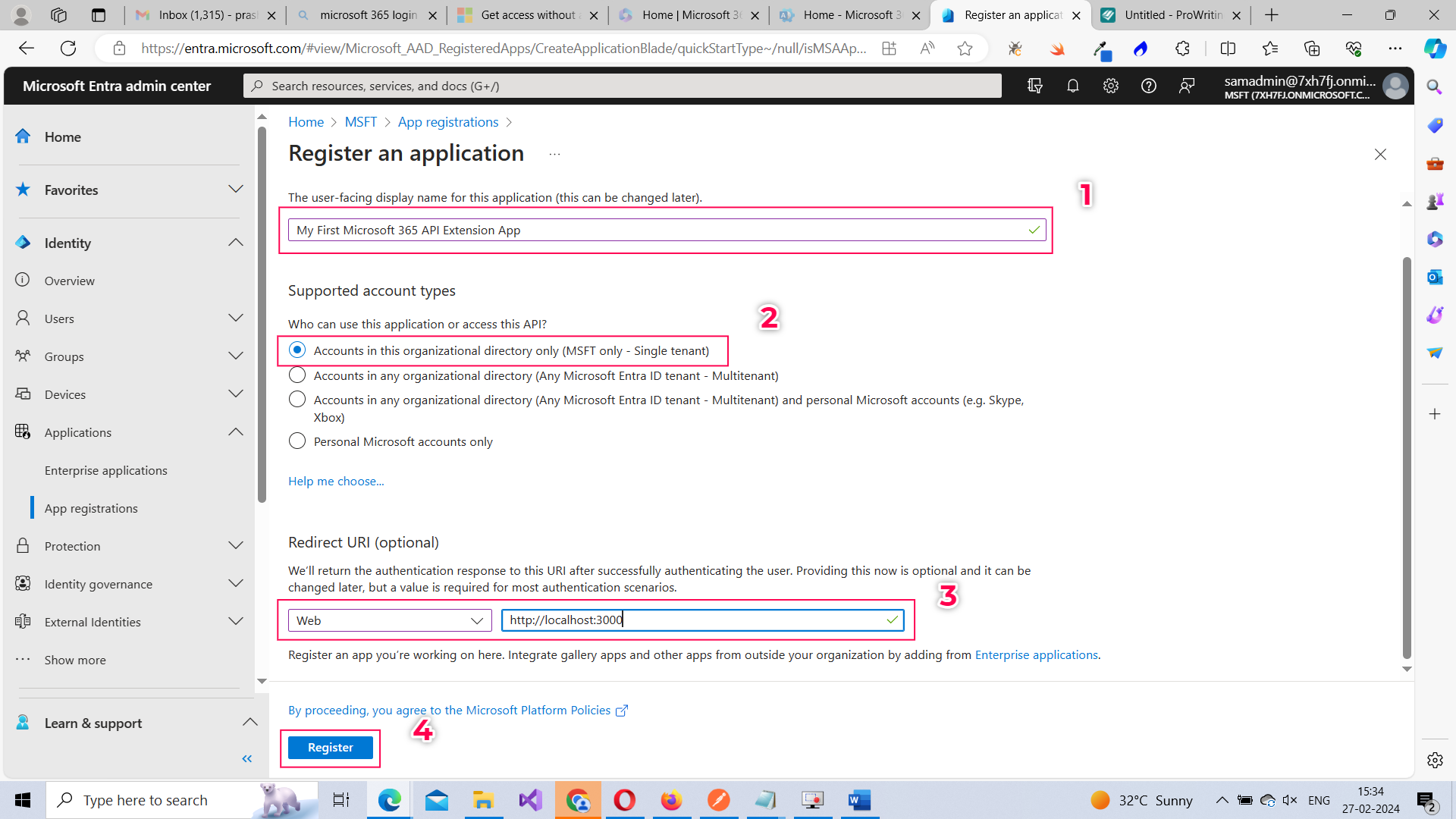 Demo of steps involved in registering an app like adding app name, account type and app type. 