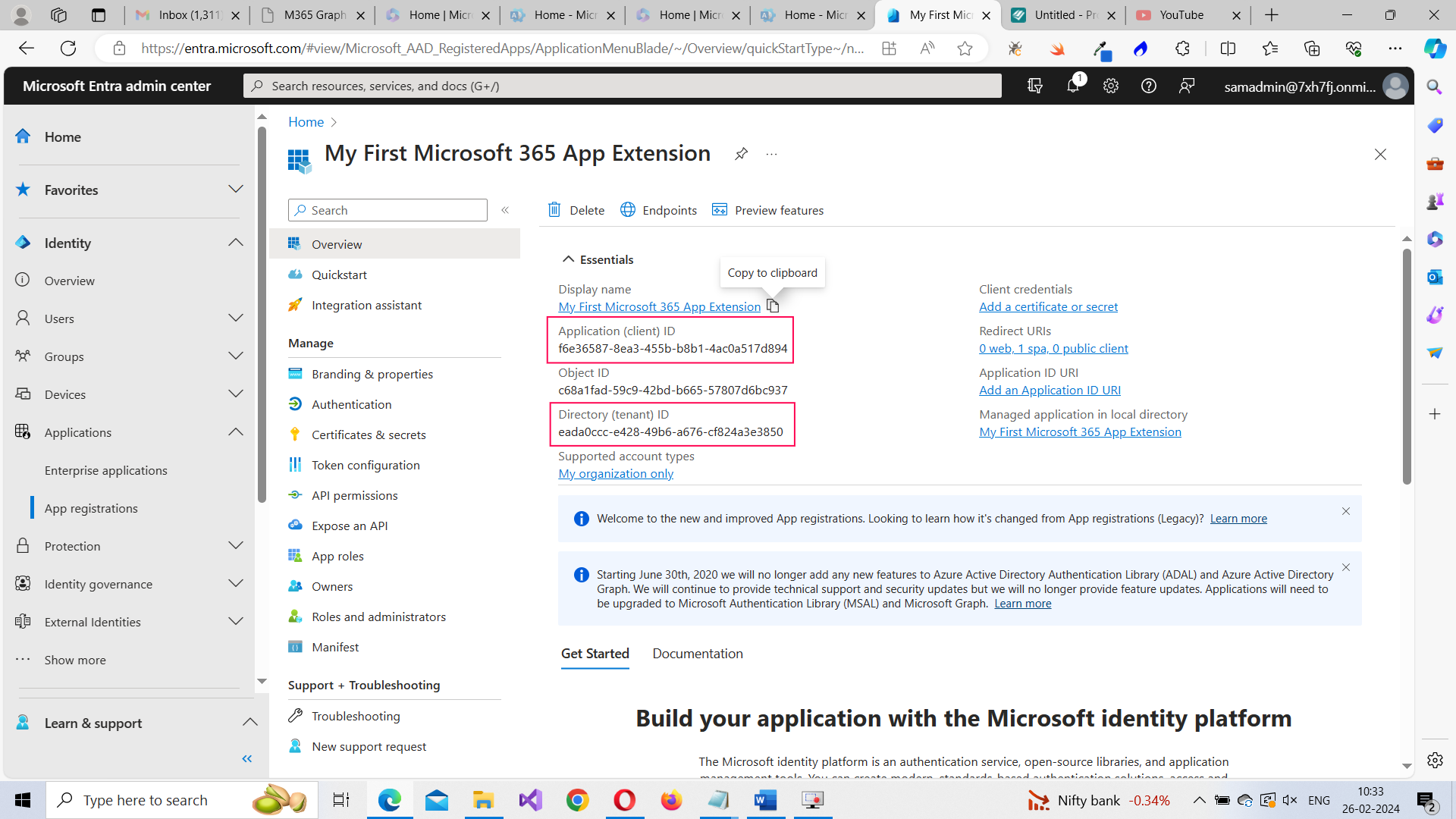 Application ID and Tenant ID of the app being displayed in the app overview page. 