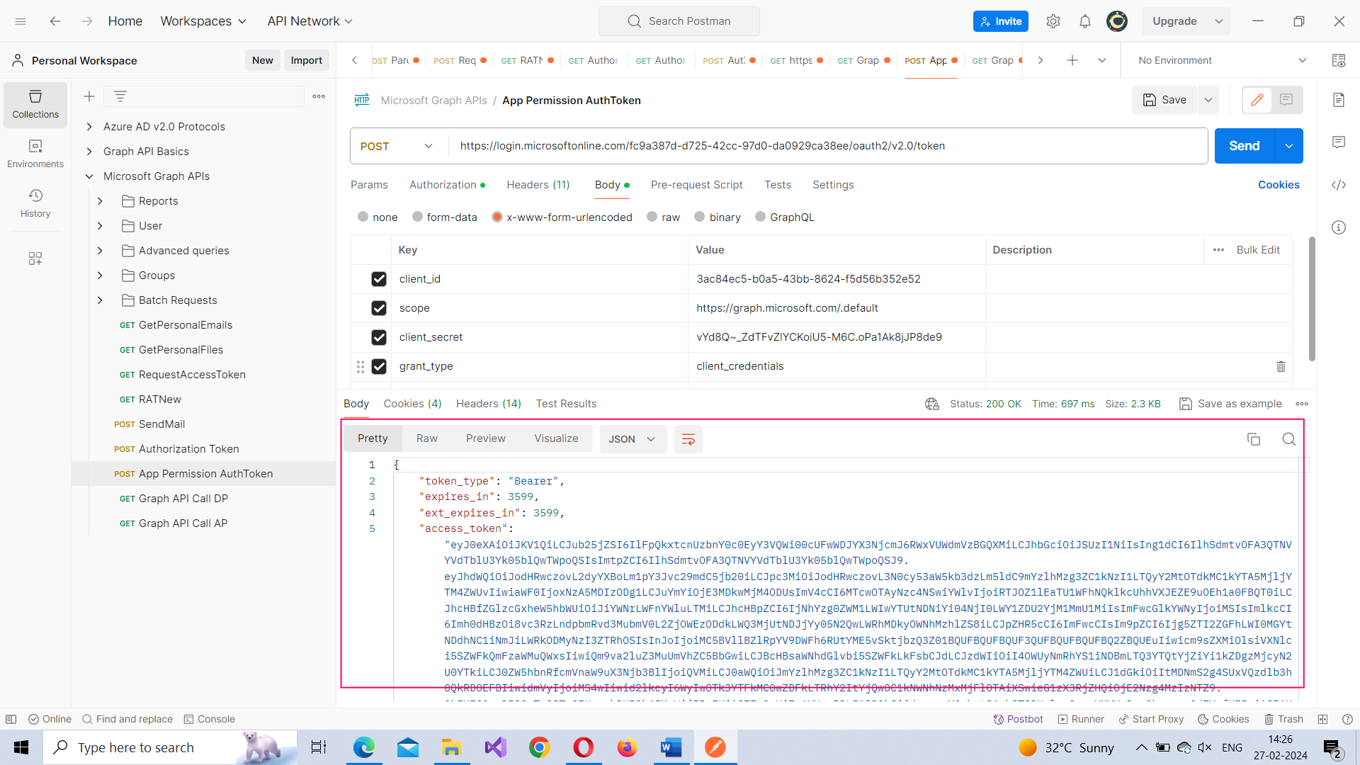 Demo of how access token is returned as response. 