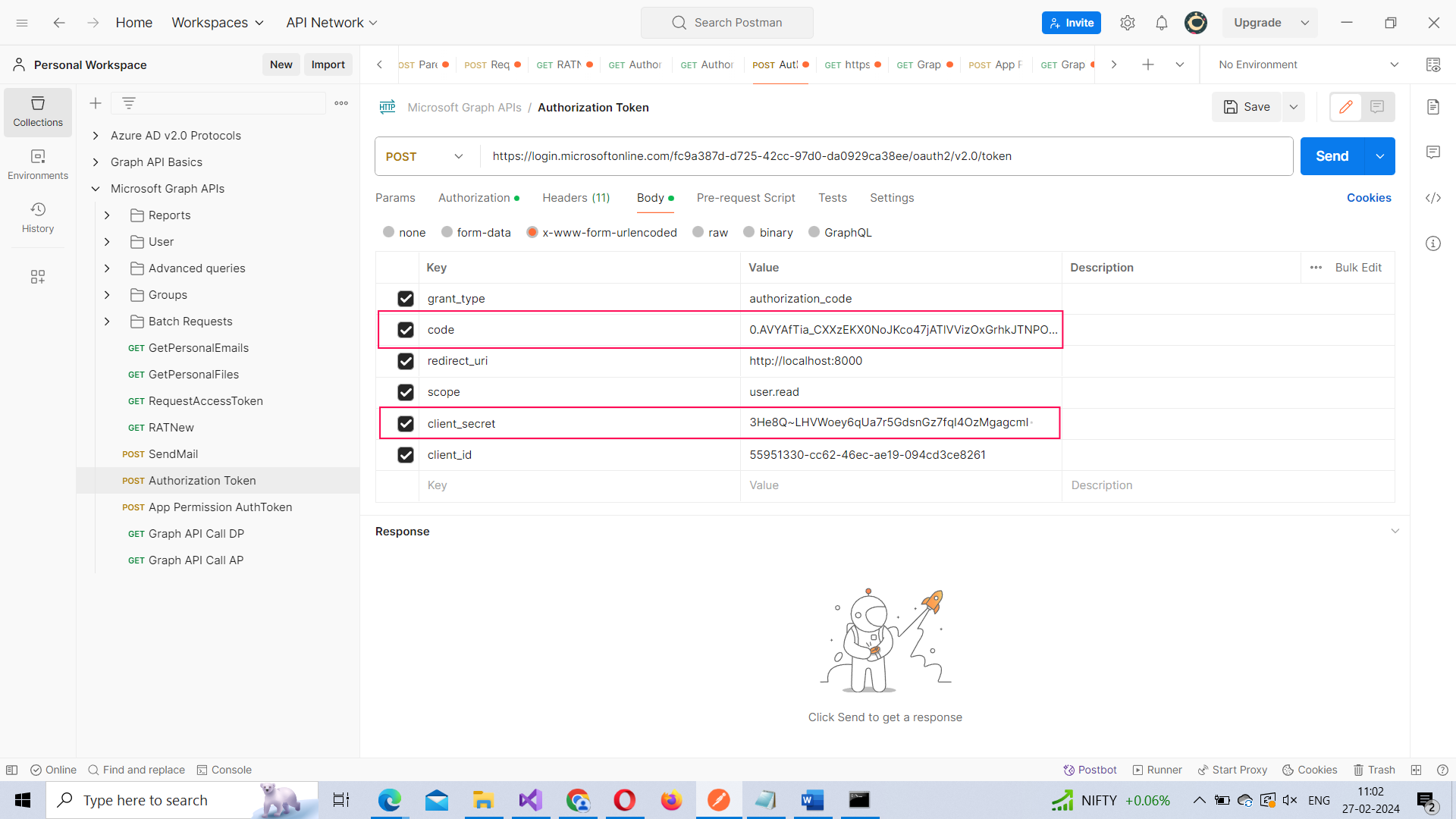 Demo of how the authentication token request along with the query parameters and values it should contain. 