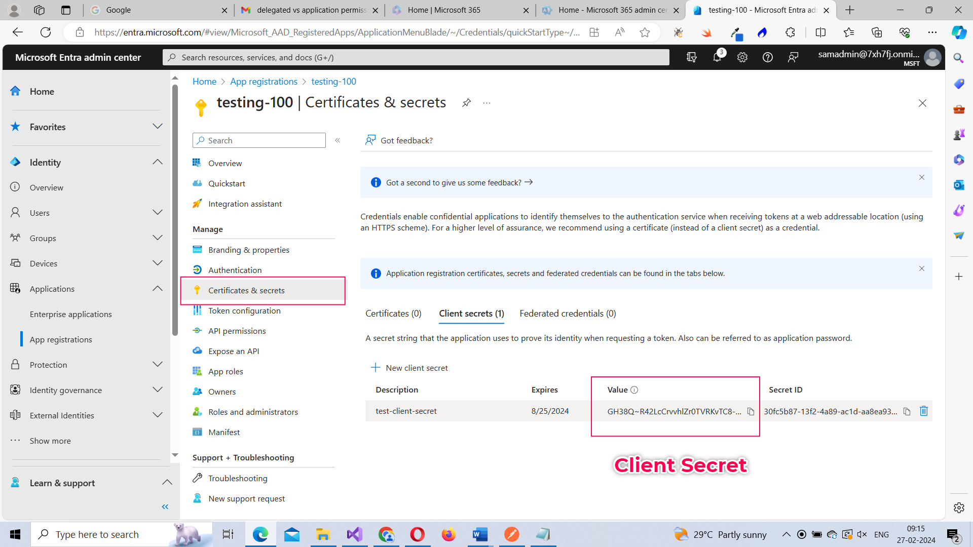 The generated client secret being displayed on the screen. 