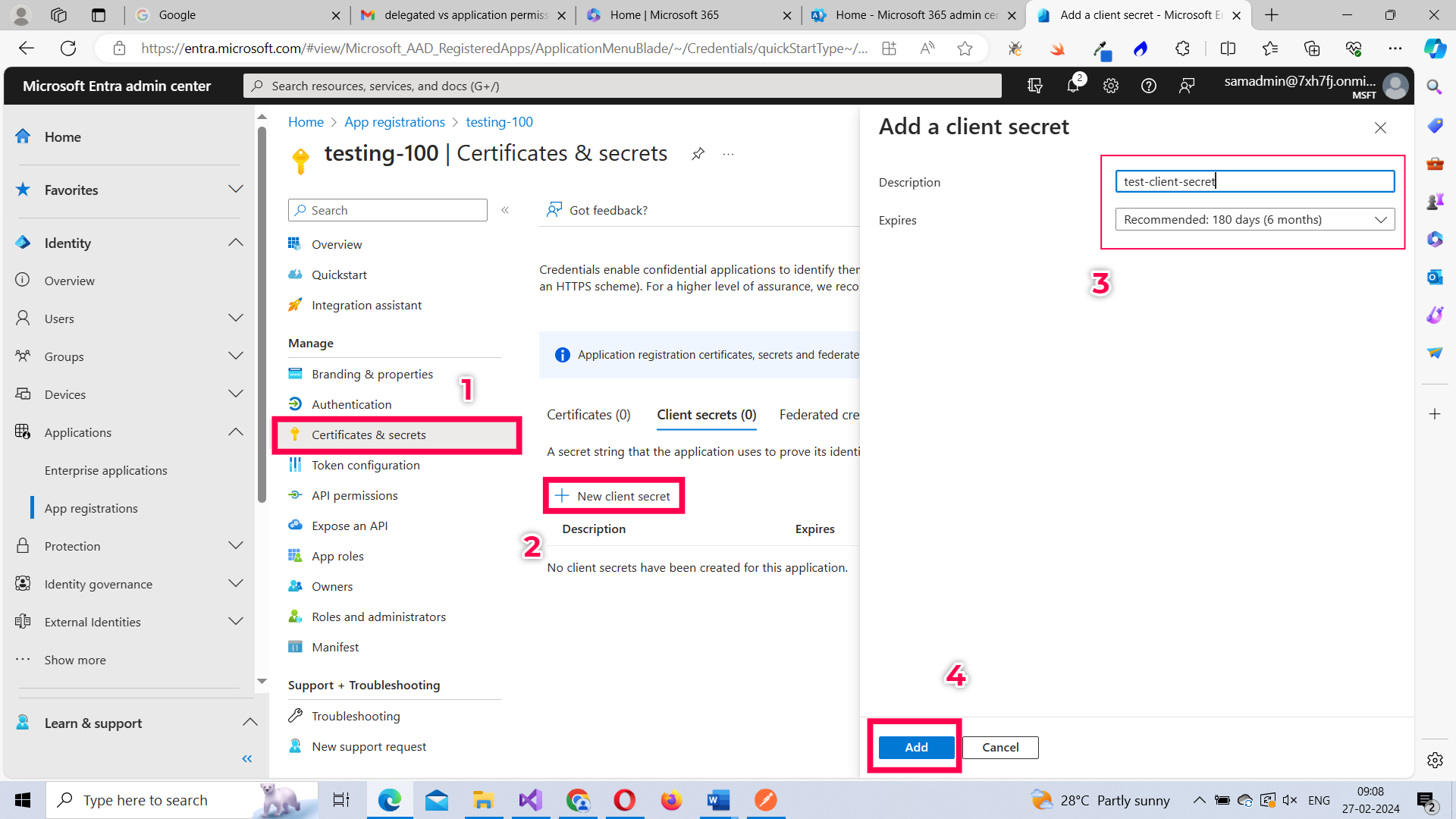 Demo of the steps involved in generating the client secret for the app.  