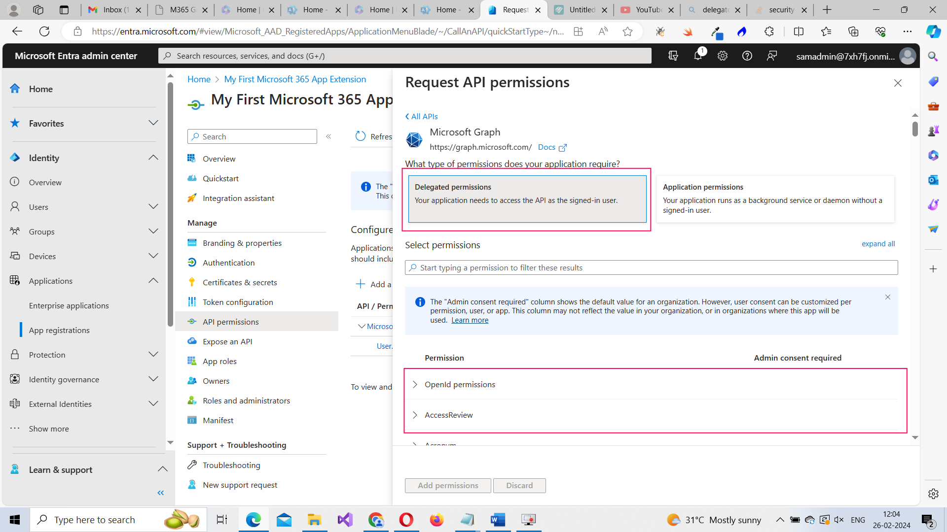 Image highlights the delegated permission option that lets you configure delegated permissions for the app. 