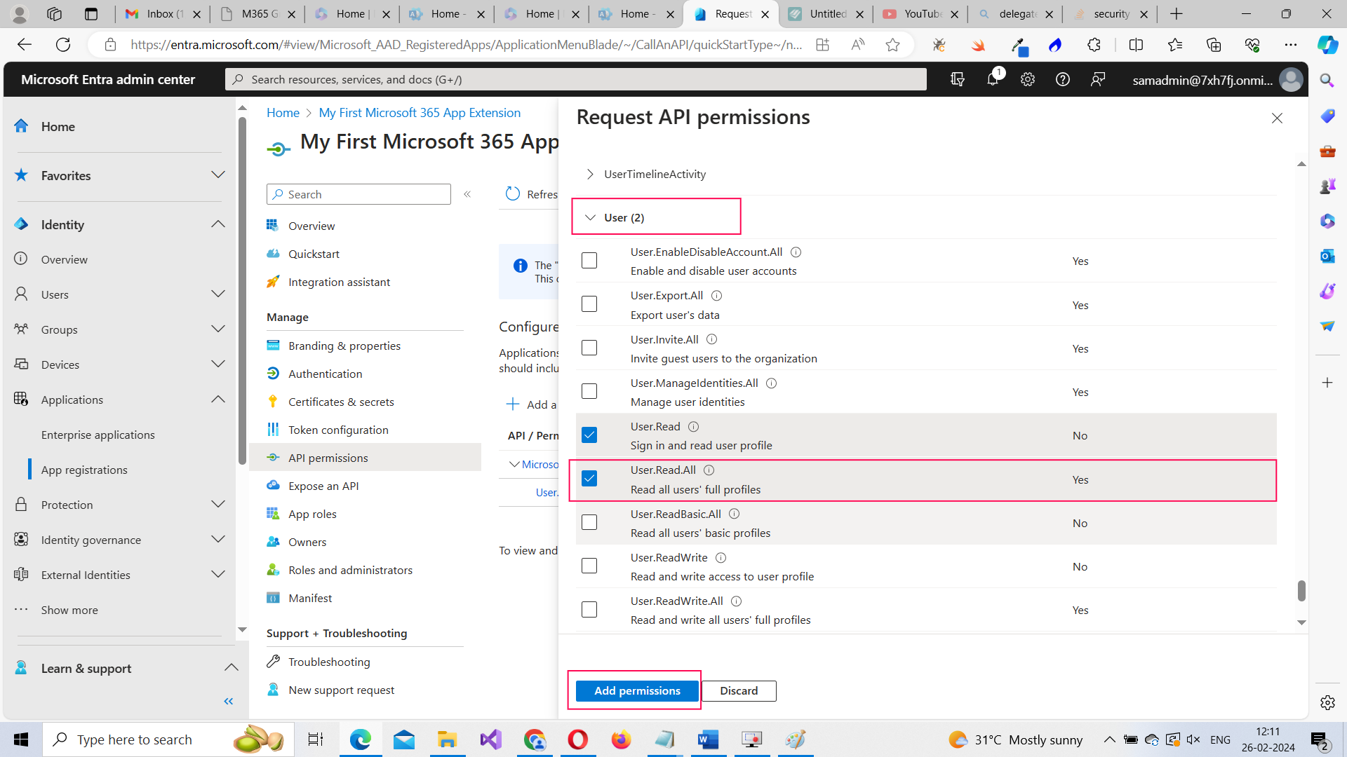 Image shows how to select user.read.all permission that lets you read all the user profiles within the Microsoft 365 tenant.
