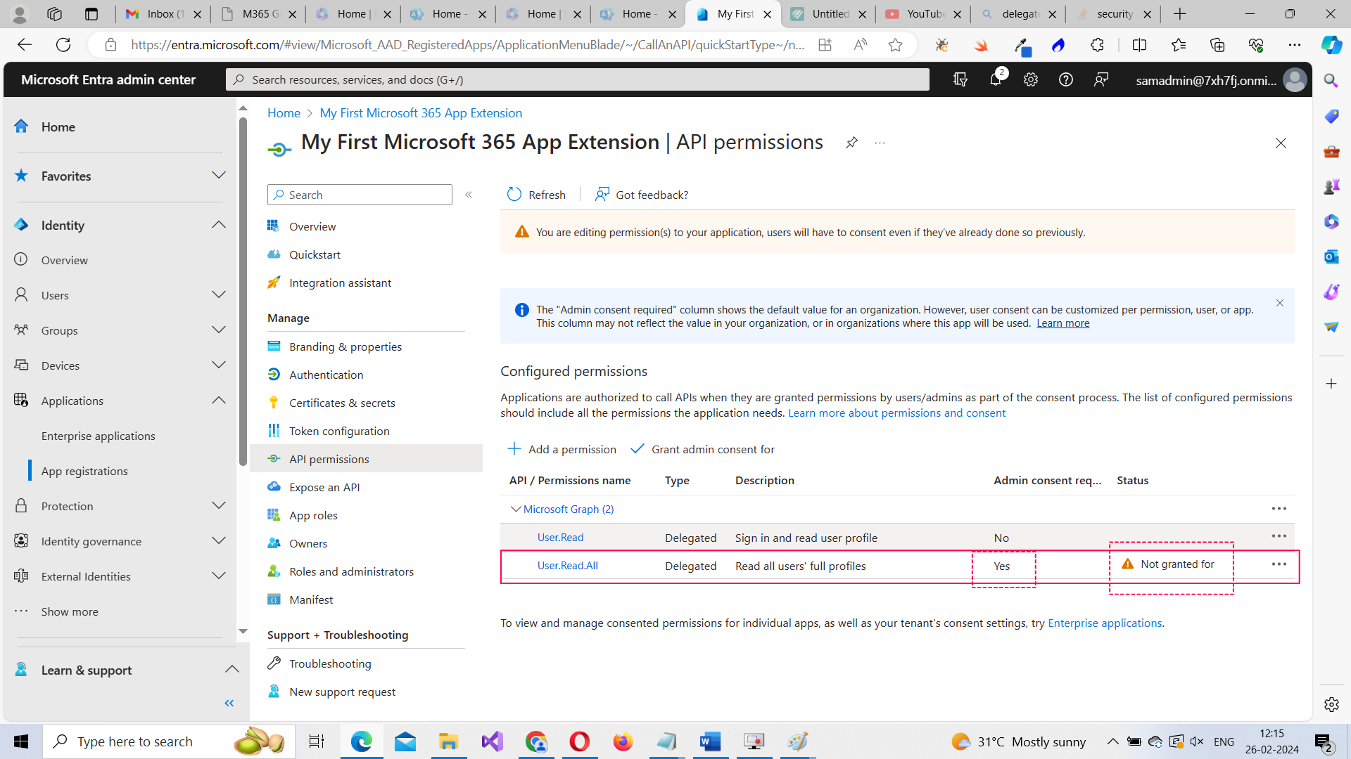 Image shows the selected User.Read.All permission and that it requires the tenant admin consent. 