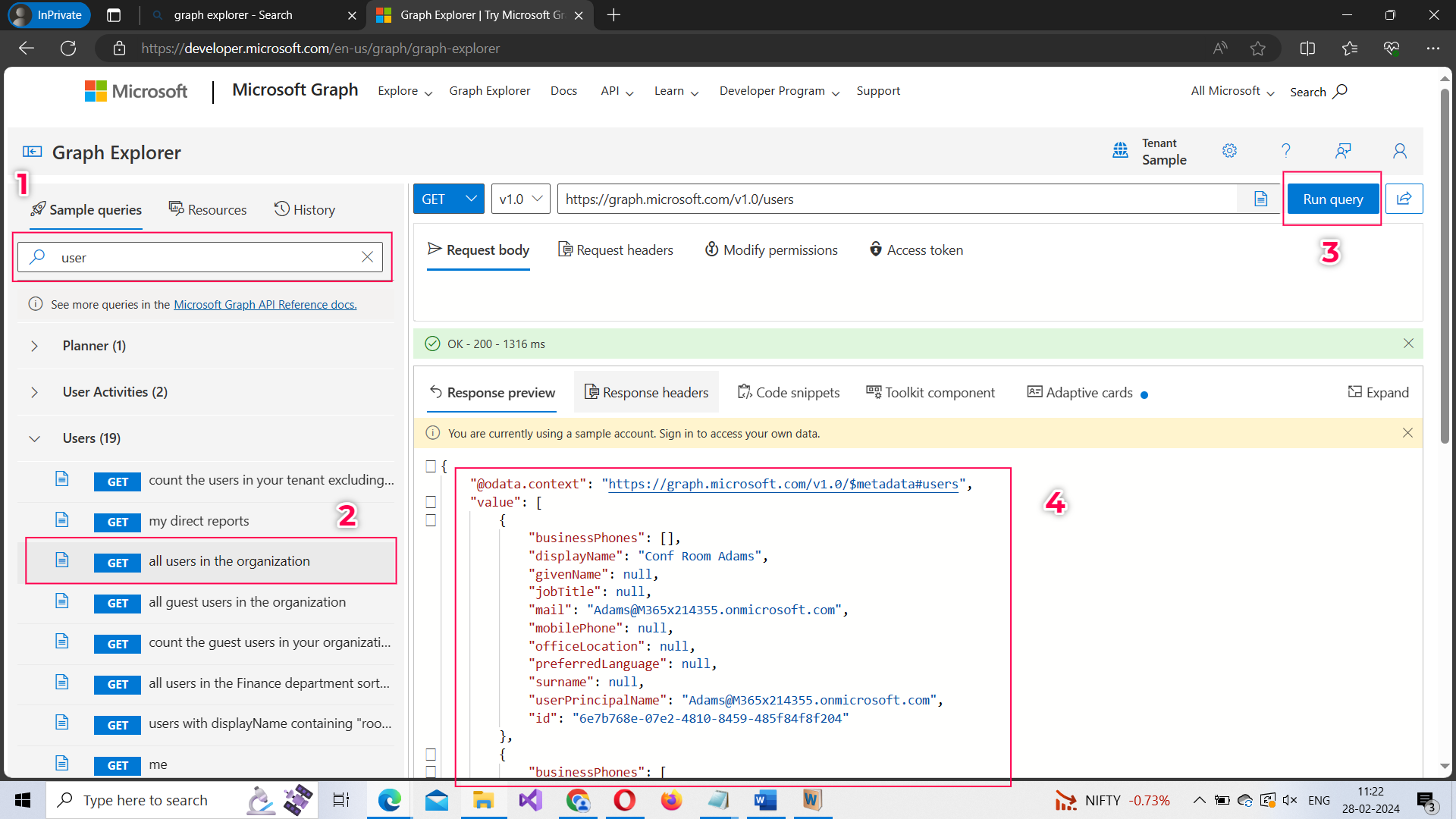 Demo shows steps involved in using Graph Explorer. 