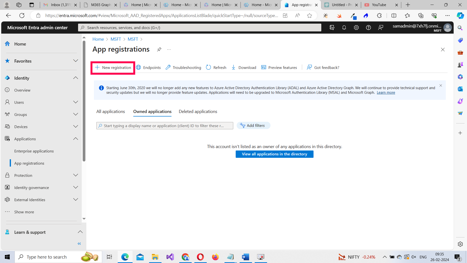 New registration button within the App Registrations page.