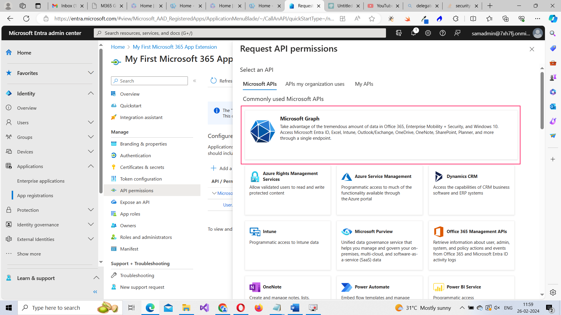 Image highlights the Microsoft Graph option which contains all the API permissions for the app. 