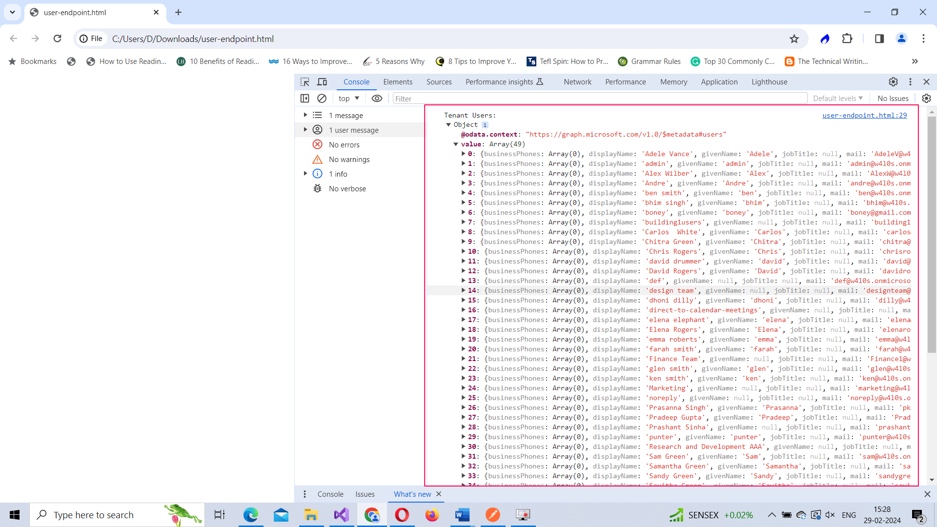 Image shows list of tenant users being fetched and displayed using Graph API. 
