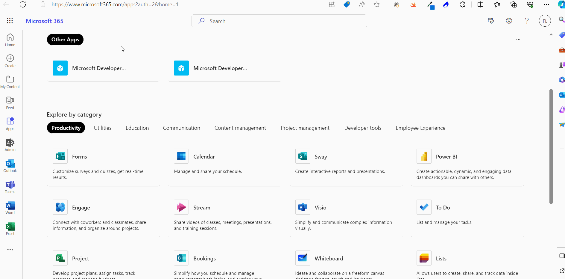 Image shows how you can access the Microsoft 365 Forms app from the App Launcher in the Microsoft 365 home page.