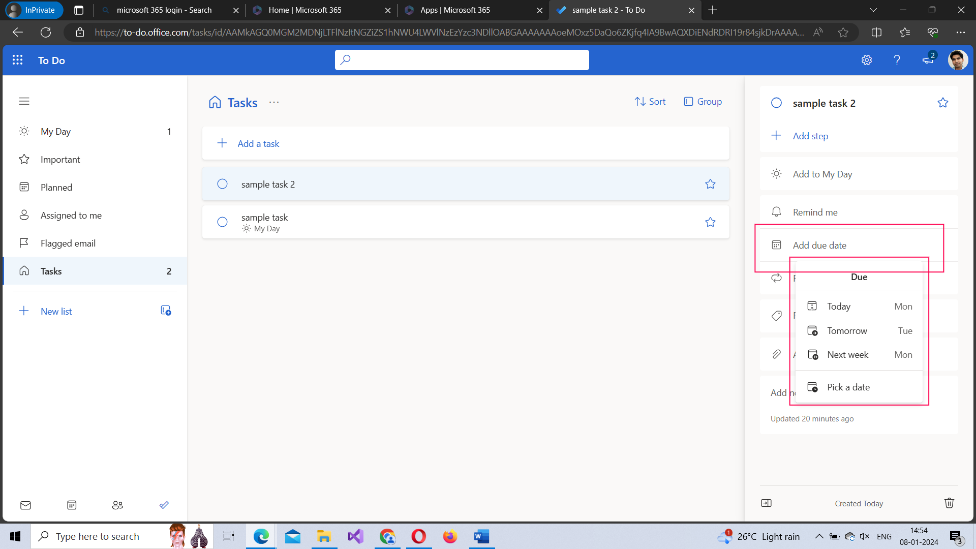 This image shows how you can set the due date for your task by selecting the task and then selecting the add due date option available to your right. 