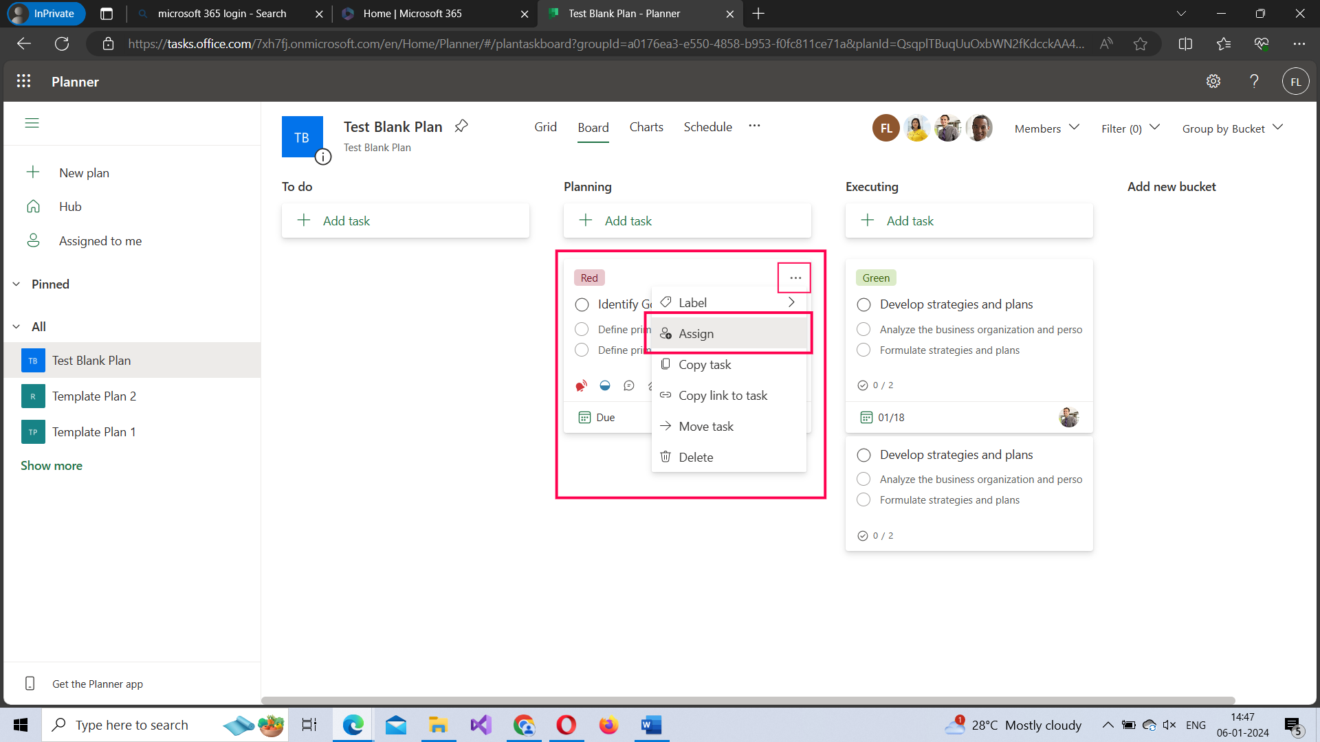 The image shows how you can assign planner tasks to members by clicking the three dots icon within the task details section.