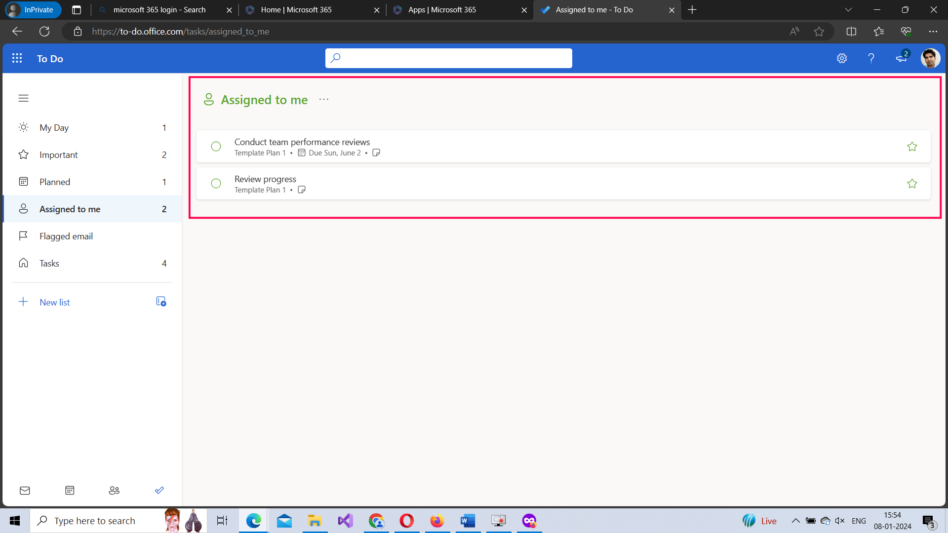 This image shows how all the tasks assigned to you get listed under the assigned to me section. 