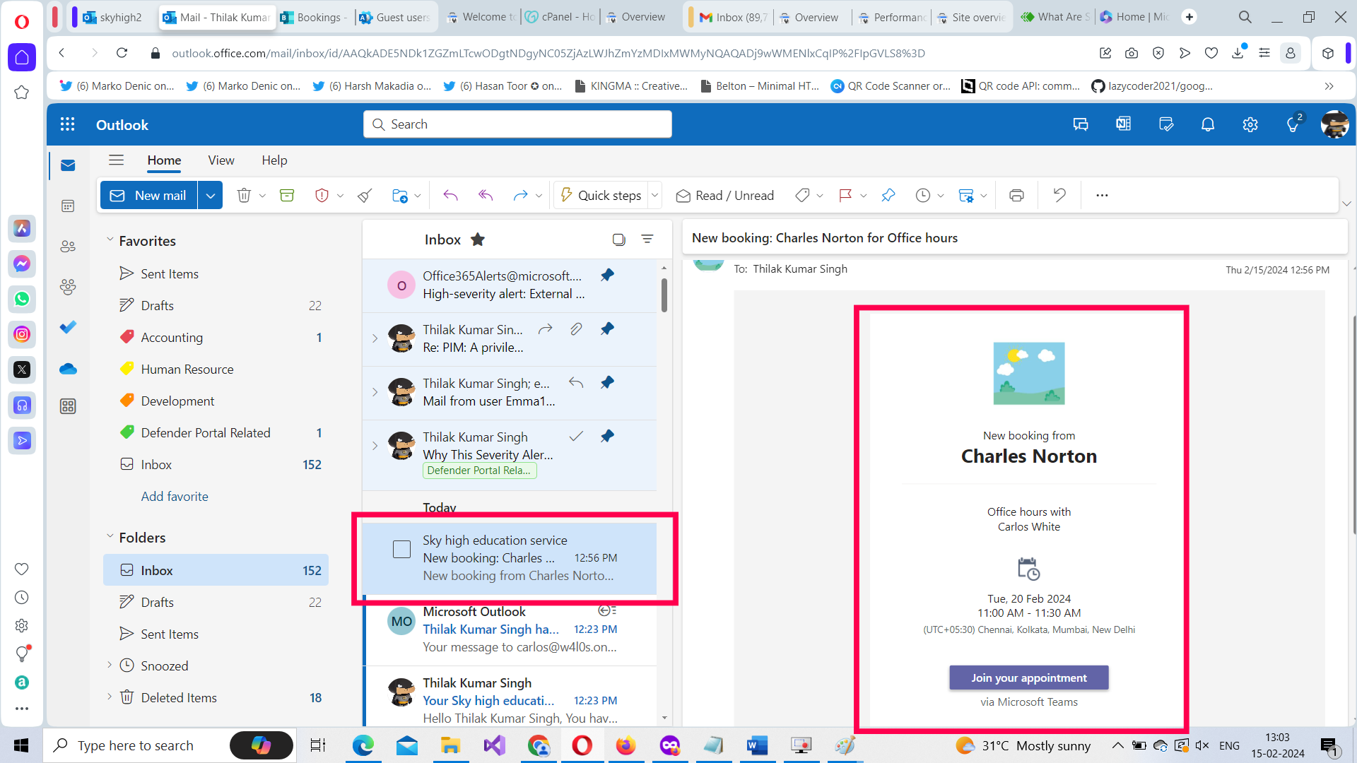 Booking notification received by booking service staff. 
