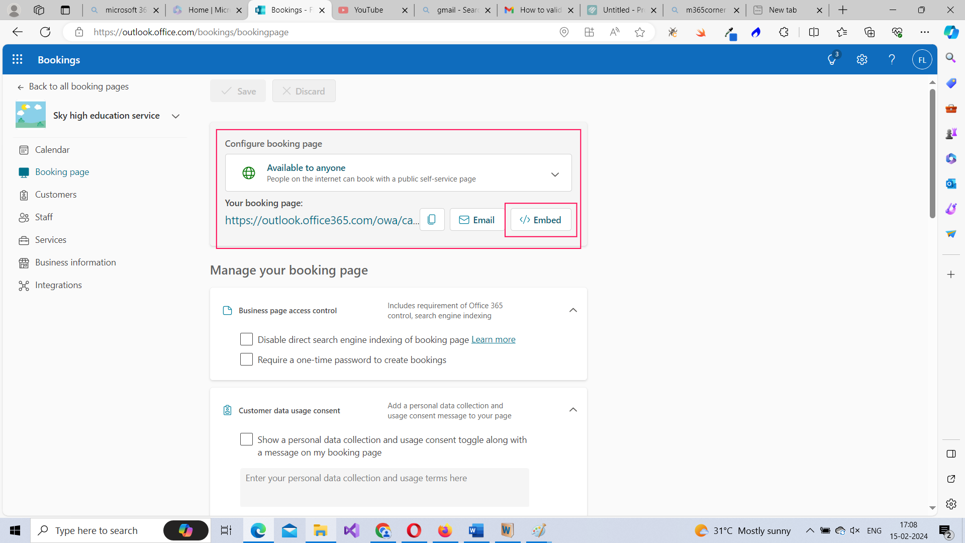 Getting the embed code for the booking page to be published on website. 
