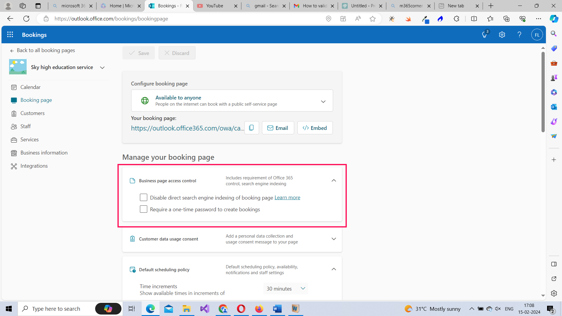 Disabling search indexing for the booking page and password protecting the creation of bookings.  
