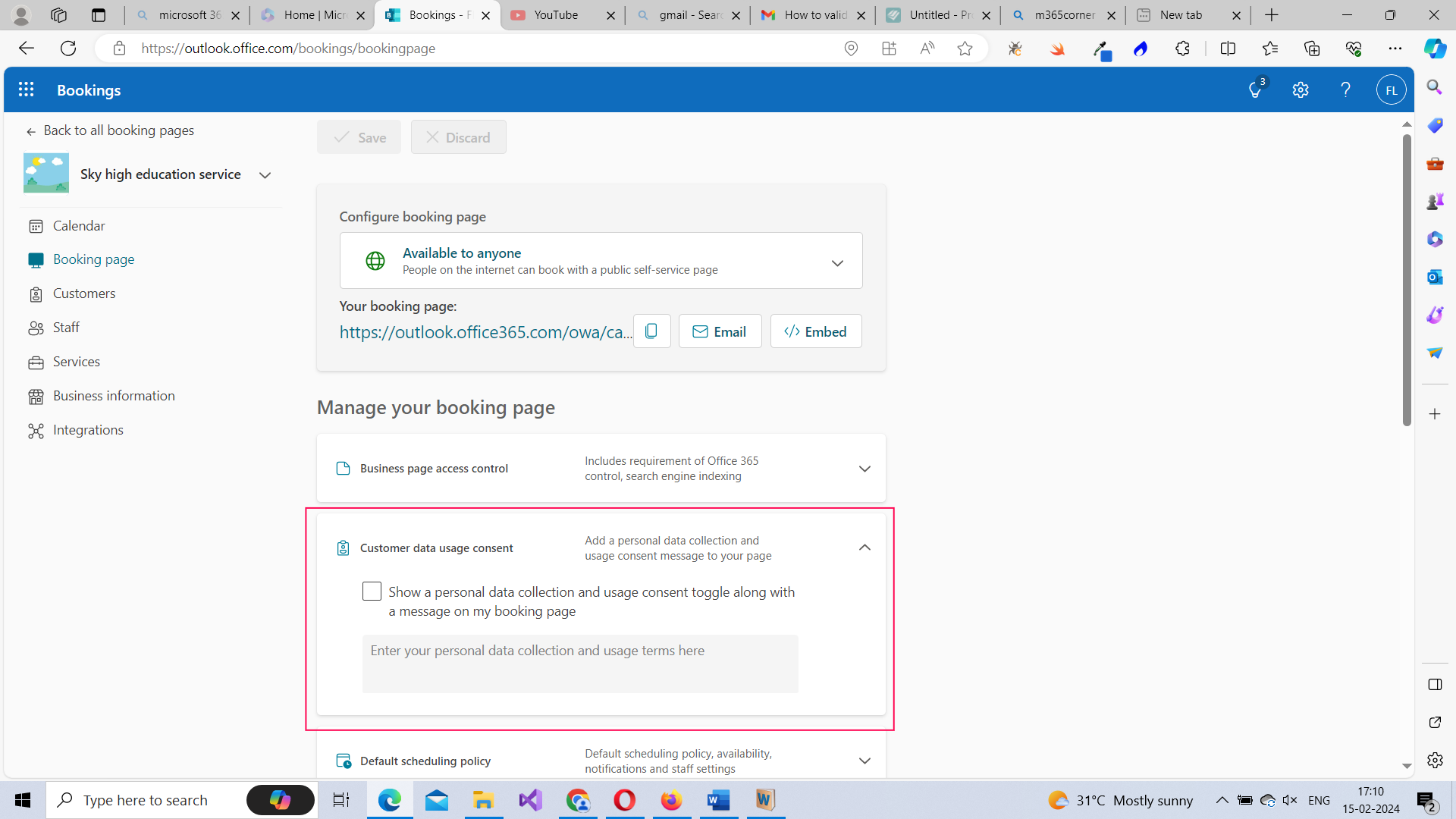 Displaying customer data usage consent message on booking page.  