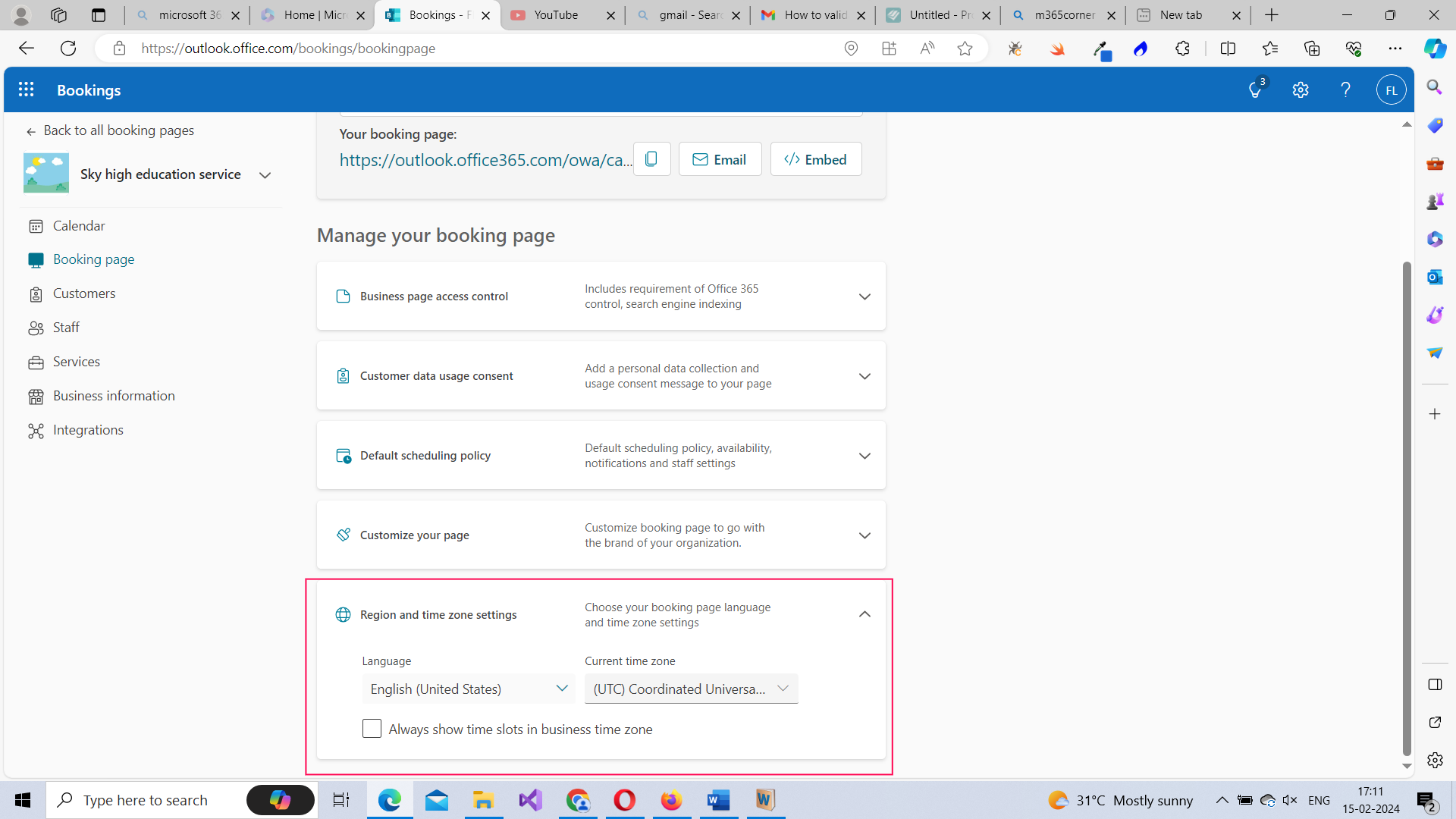 Setting region and time zone for your booking page.  