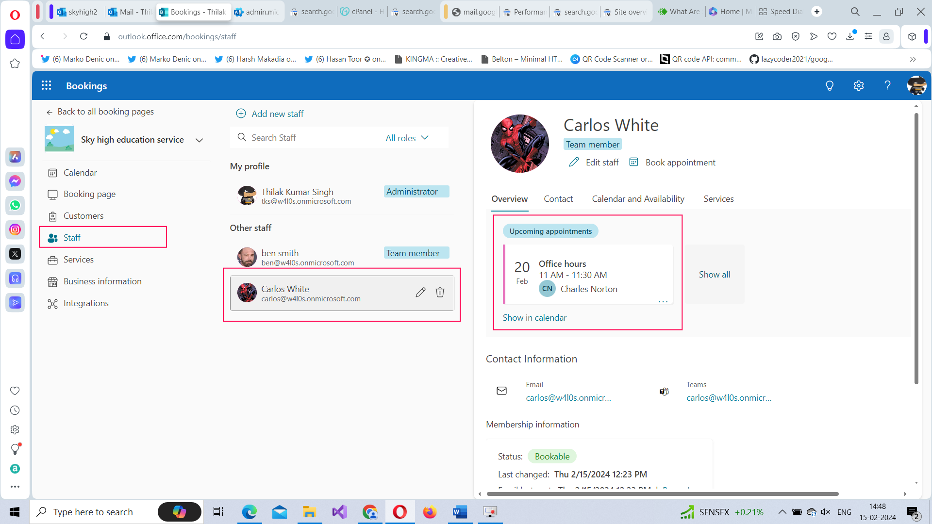 Viewing customer appointments in staff profile. 