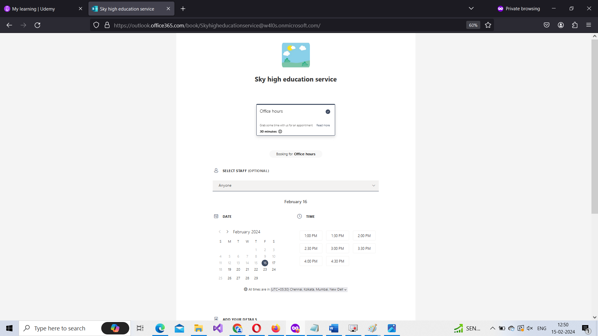 Customer accessing the booking page link. 