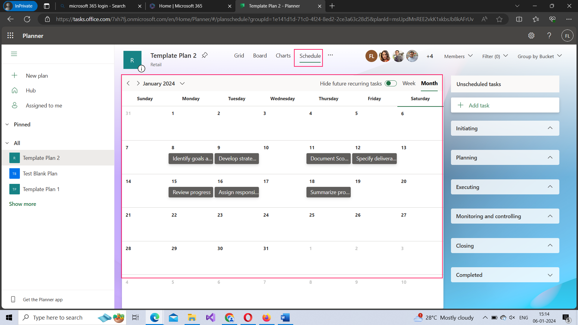 This image shows how the calendar view of the Planner bucket and the tasks looks like. 