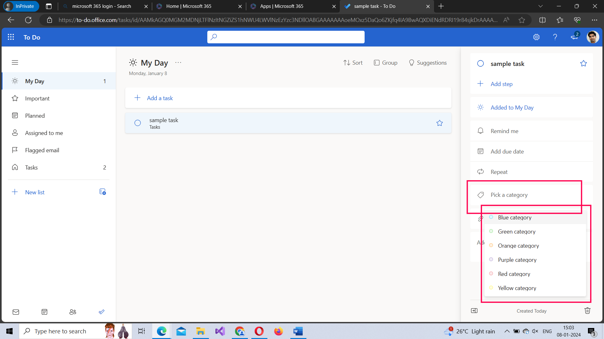 This image shows how you can add a category to your task by selecting your task and then selecting a category from the pick a category dropdown available to your right. 