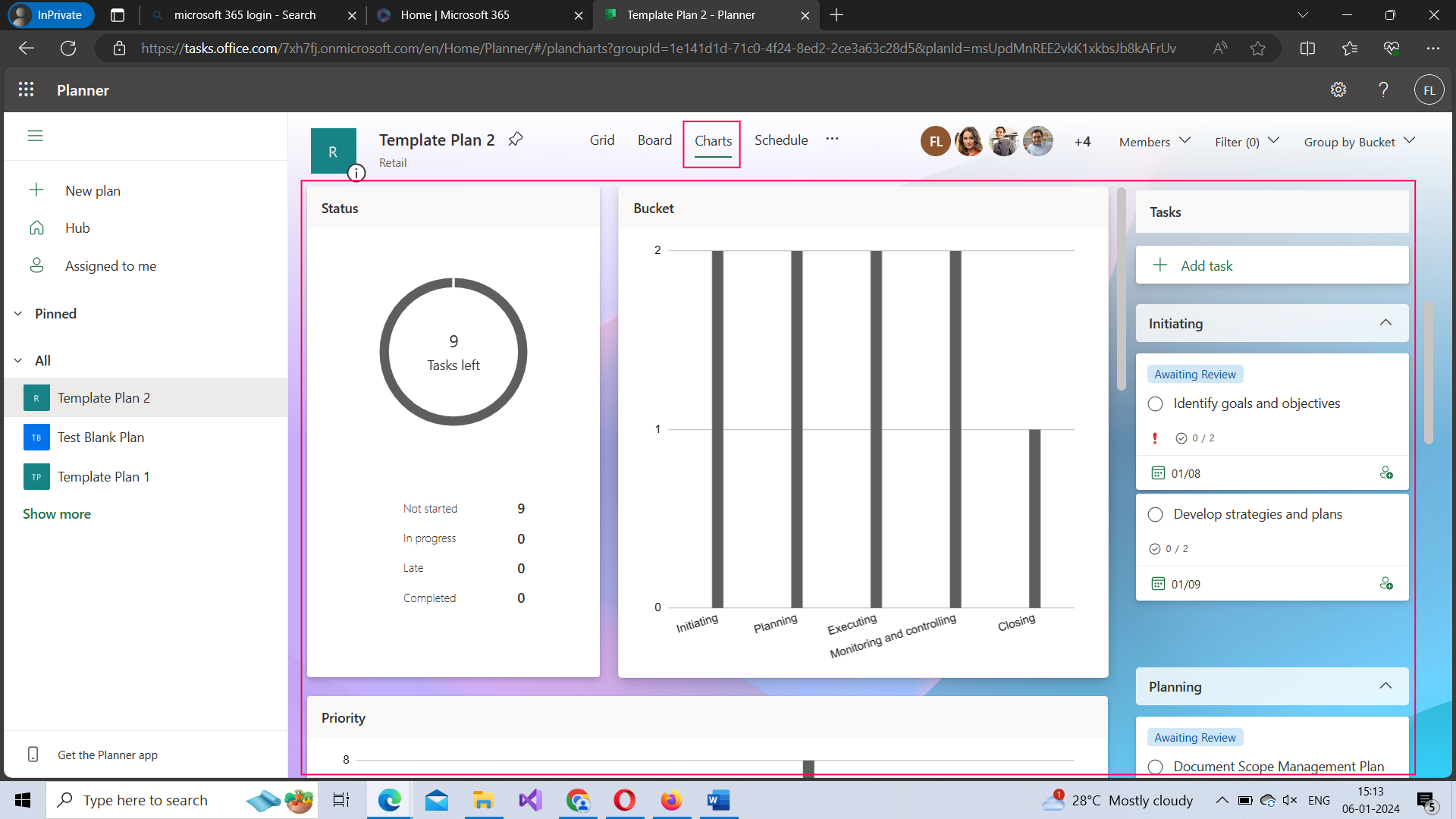 This image shows how the charts view of the Planner bucket and the tasks looks like. 