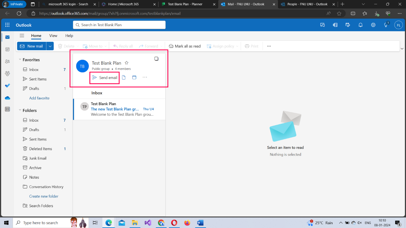 This image shows how you can send mail to your planner group by selecting the conversation option from the three dots icon. 