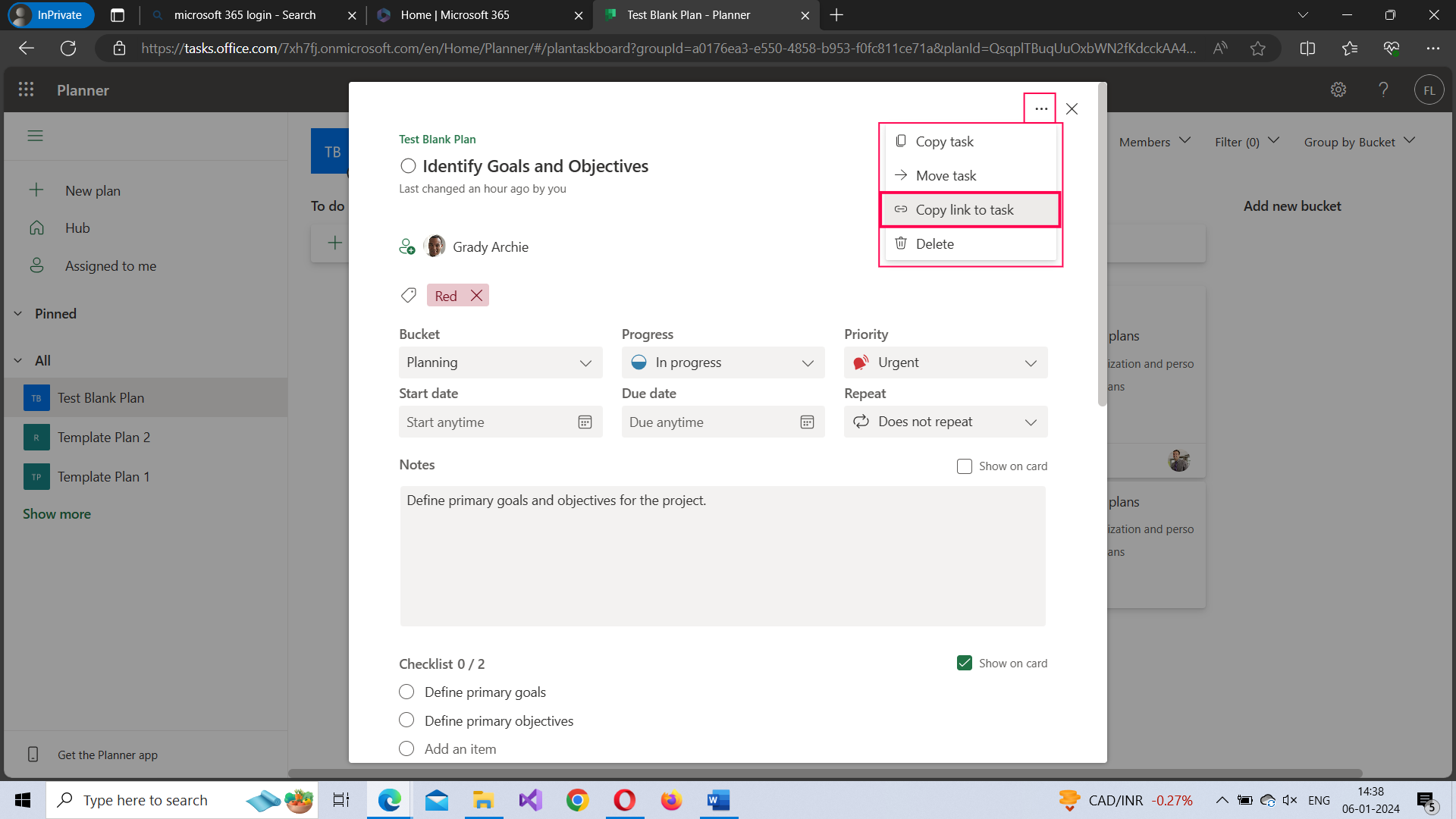 This image shows how you can copy a task by clicking the three dots icon and selecting the Copy link to task option from within the task details section.