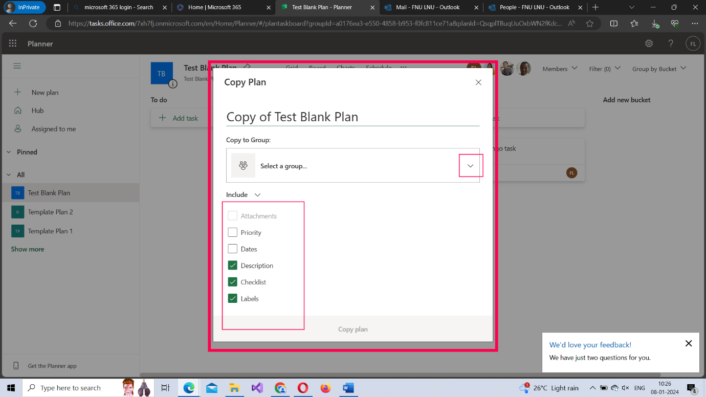 This image shows how you can copy the plan details by selecting the copy plan option from the three dots icon and specifying what you want to copy. 