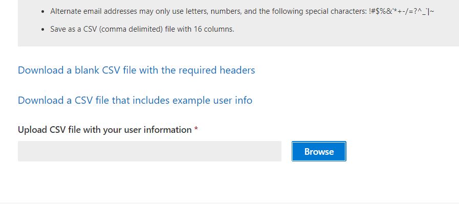 Image shows sample Microsoft 365 user import CSV files that you can download for reference.