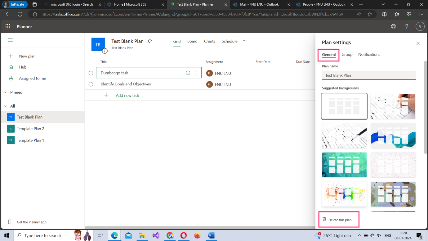This image shows how you can delete a planner from the General tab of the plan settings pane by clicking the delete this plan option. 
