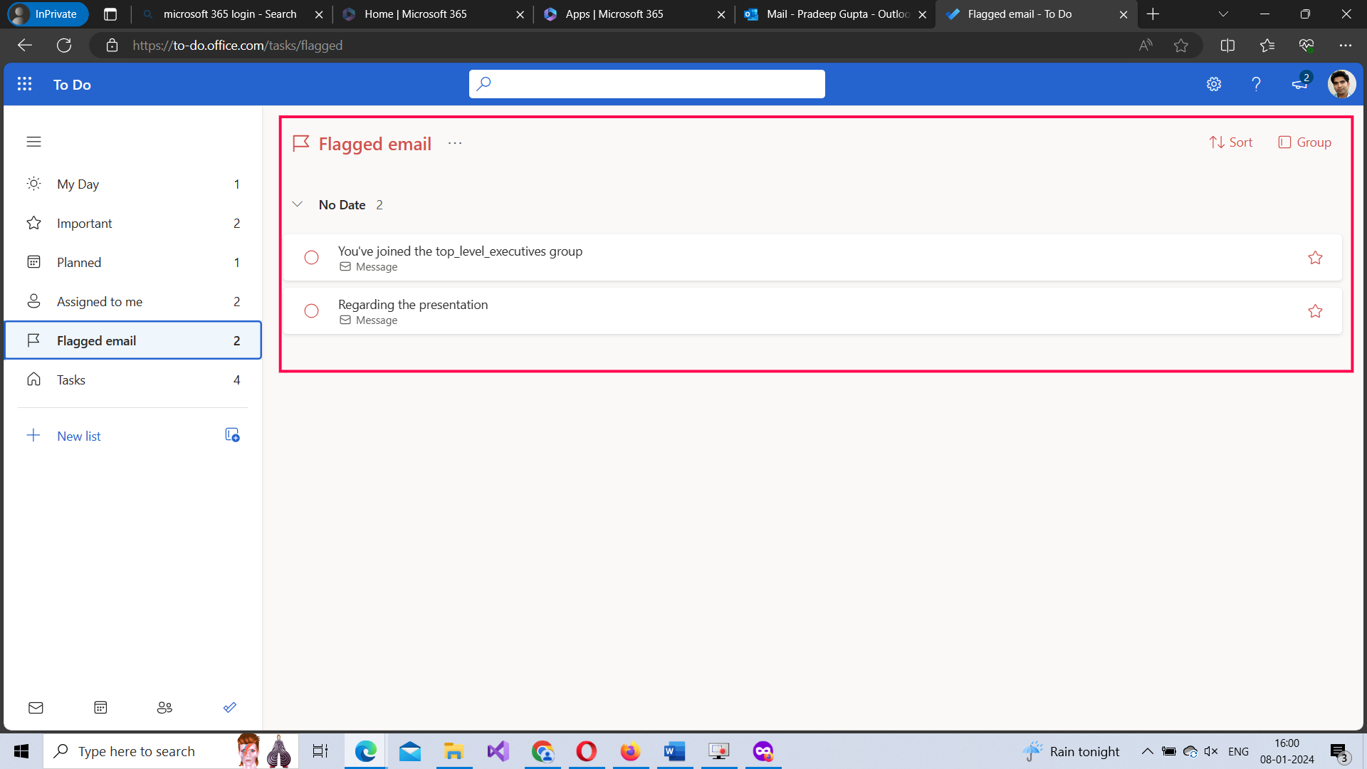 This image shows how the flagged mail section lists all the mails you flagged as important using the Microsoft 365 outlook app. 