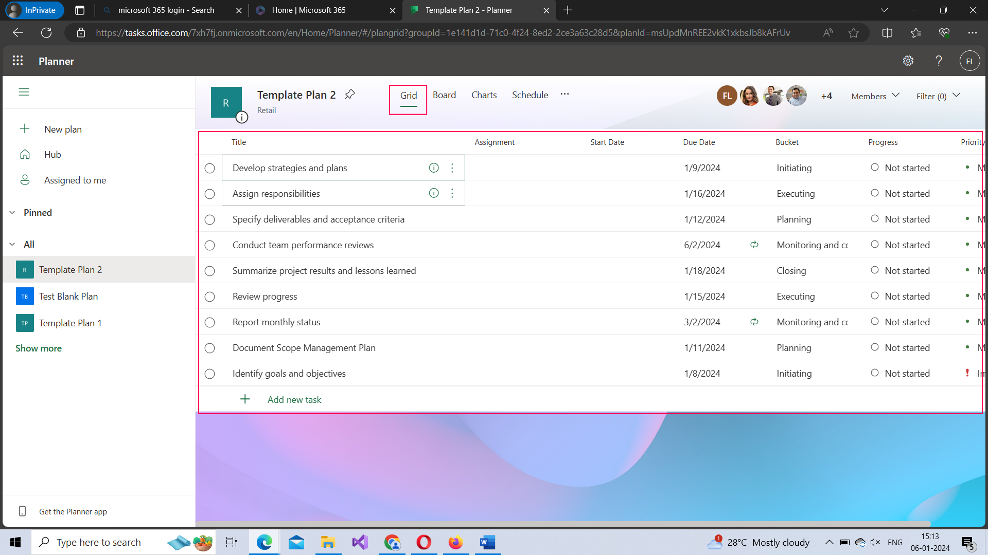 This image shows how the grid view of the Planner bucket and the tasks looks like. 