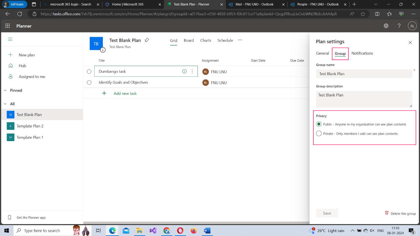 This image shows what the Group tab of the plan settings pane contains and how you can use it to modify the plan's sensitivity label from public to private and vice versa.  