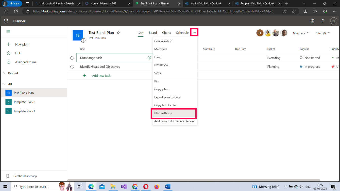 This image shows how you can access the planner's settings by clicking the three dots icon and selecting the plan settings option. 