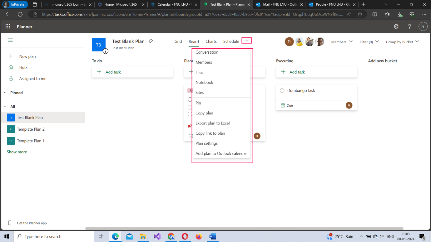 This image shows the three dots icon available in the planner overview page and the various options it contains like conversations, members, files etc.,  